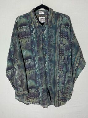 Vintage 90s Tip Top Tailors Green Blue Boily Geometric Print Button Up Shirt XL